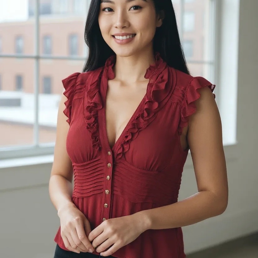 bebe Burgundy Ruffled Blouse
